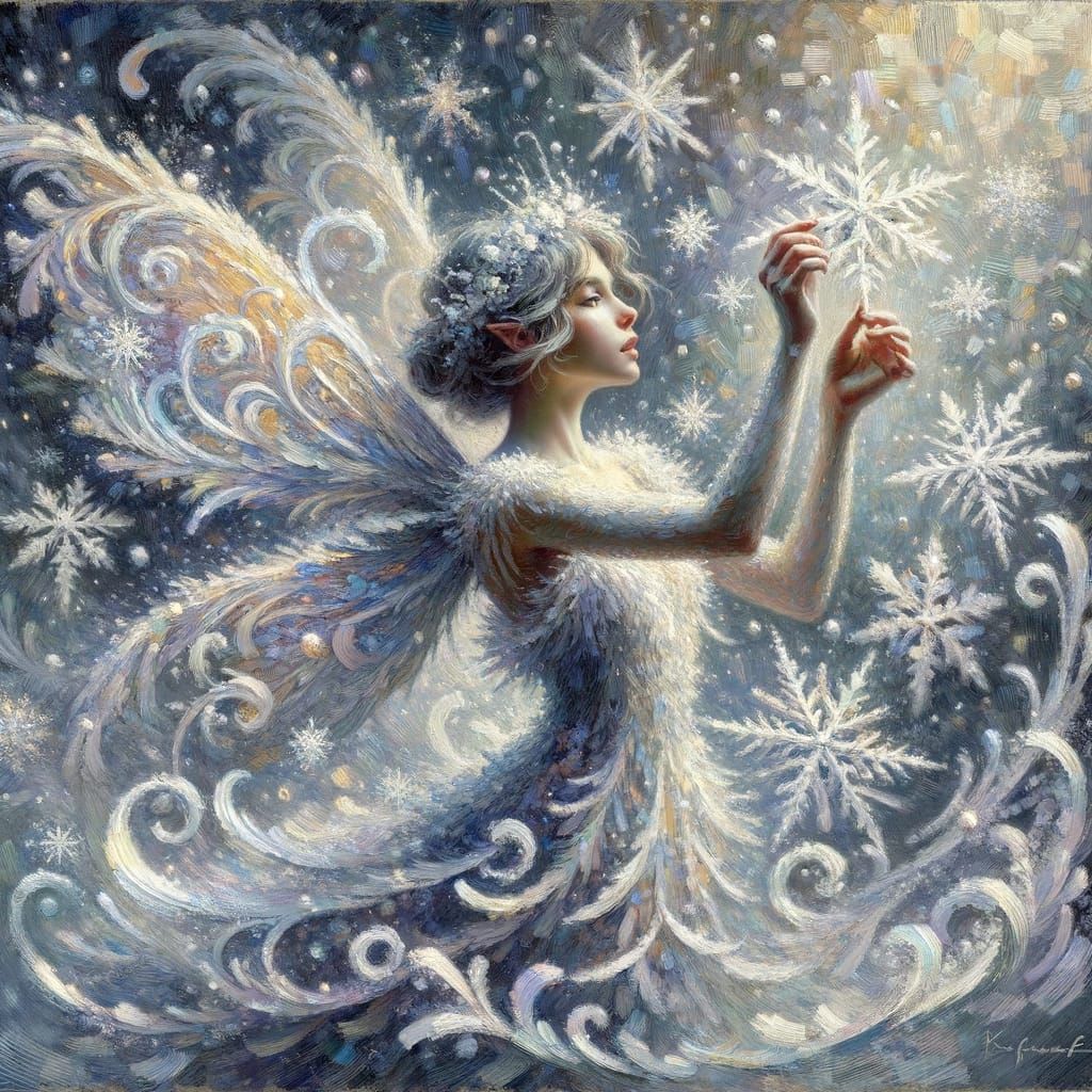 Hispanic Fairy in Winter Wonderland as Impressionist Gouache
