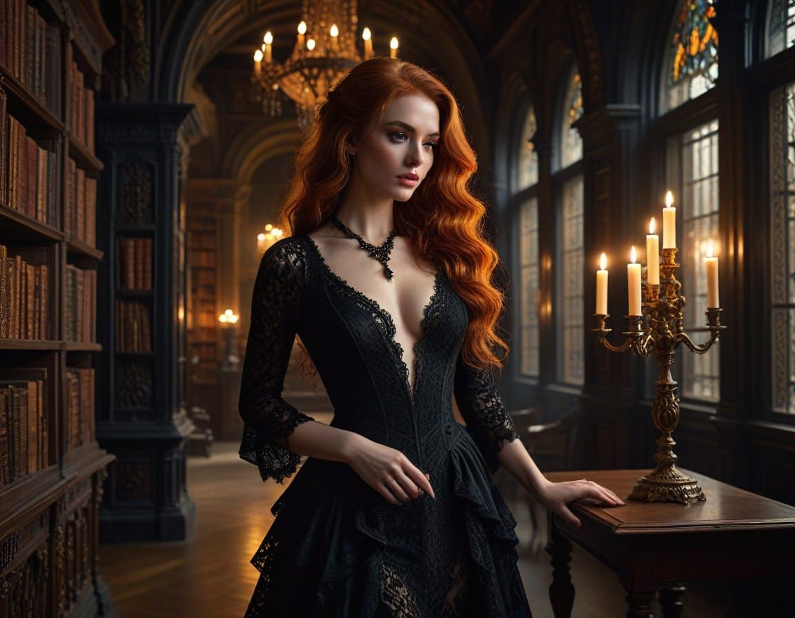Sensual Redhead in Opulent Gothic Library