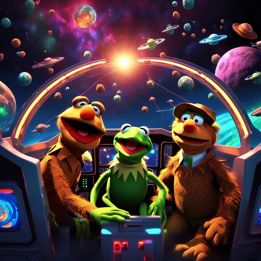 Kermit and Fozzie in Asteroid Field: 3D Animation