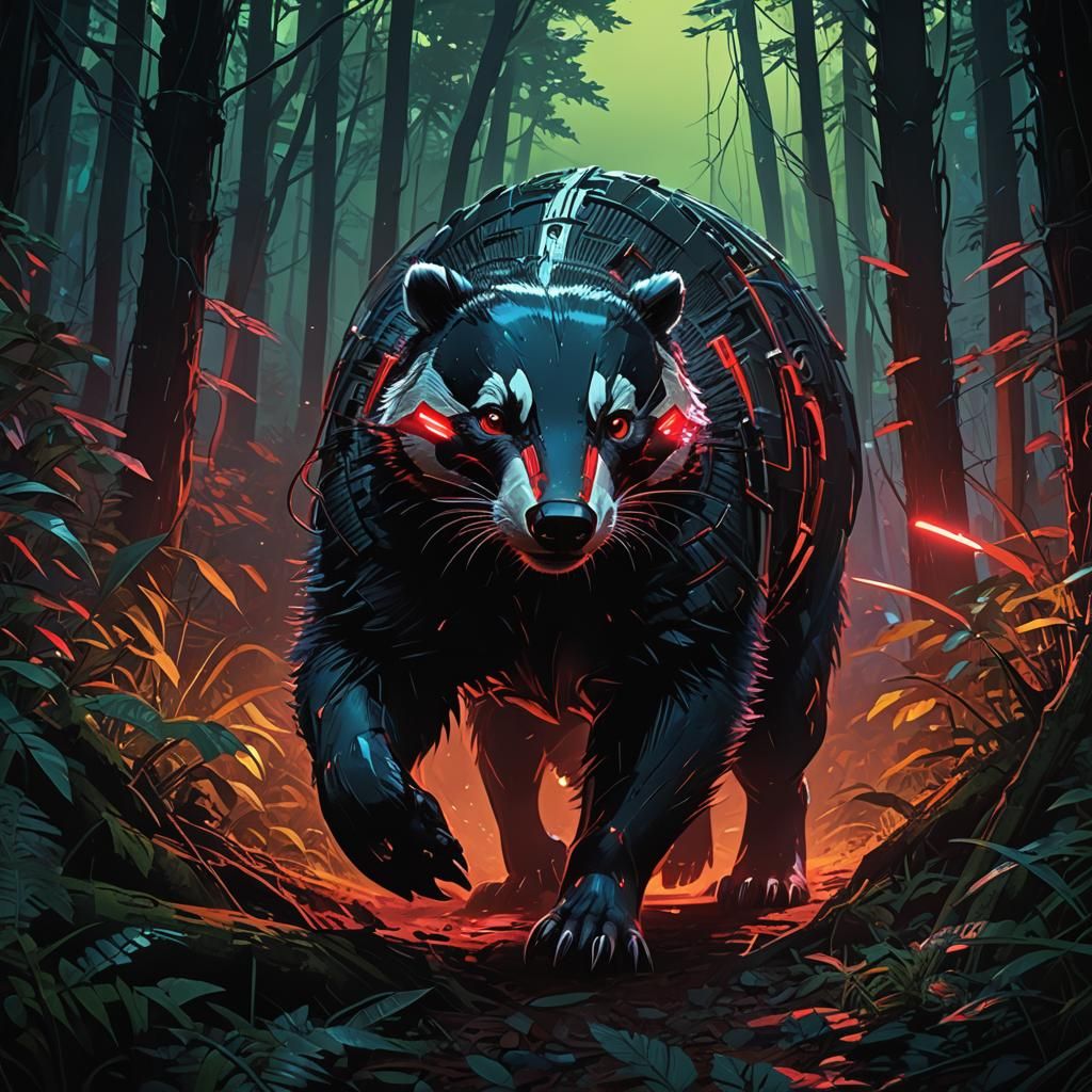 Cybernetic Badger Hunts in Neon Lit Forest