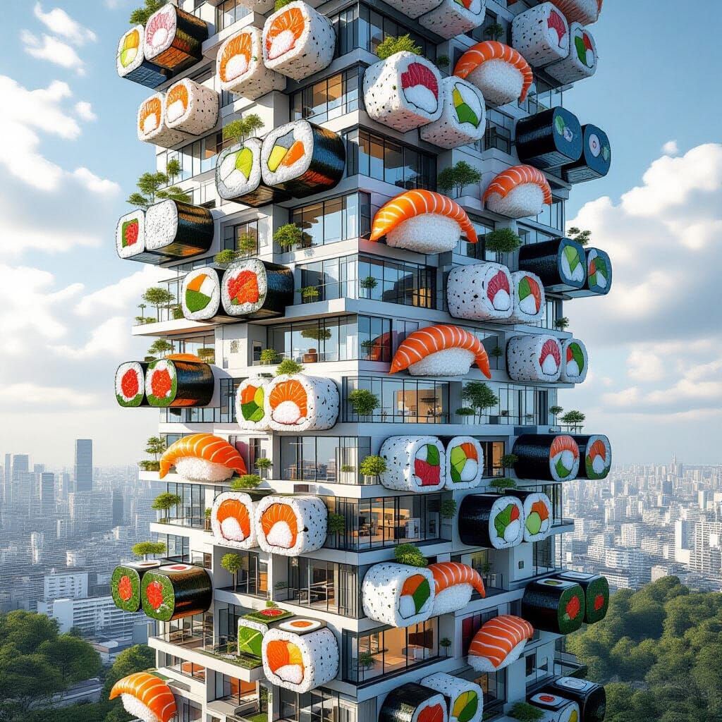 Surreal Sushi Roll Apartment Tower, Realistic Style