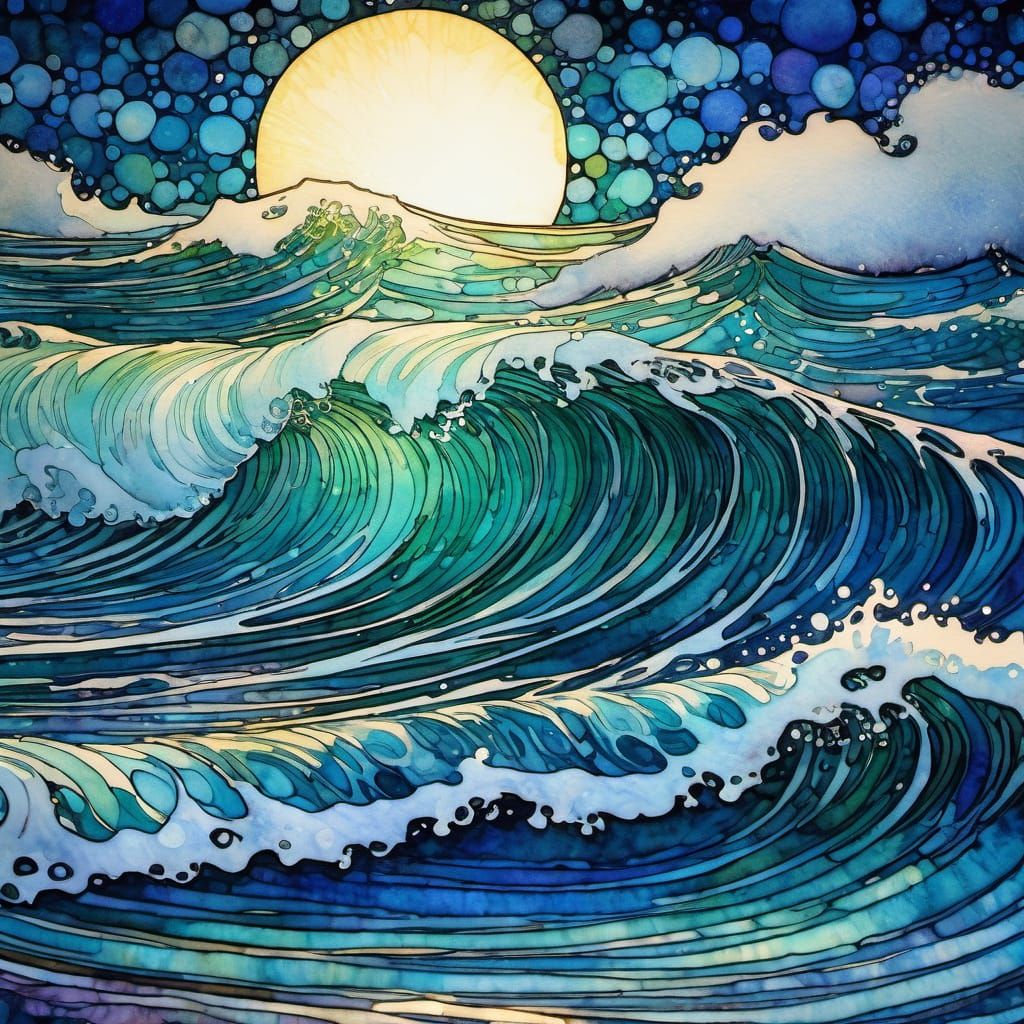 Moonlit Wave Illustration in Art Nouveau Style