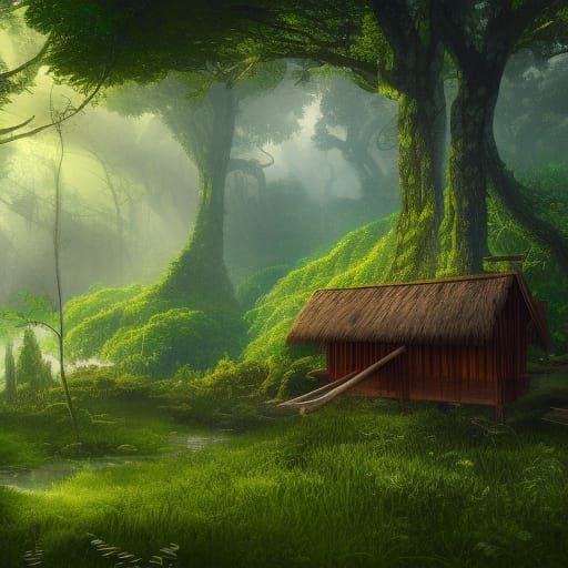 Lush Forest Hut in Detailed Fantasy Concept Art