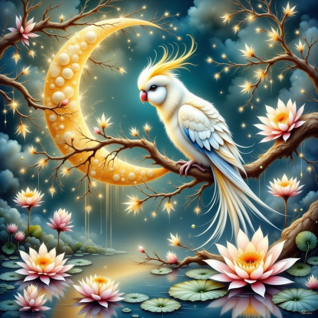 Ethereal Parakeet in Whimsical Moonlit Scene
