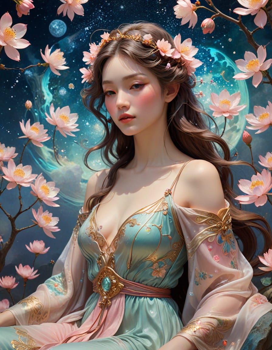 Art Nouveau Goddess on Lotus Amidst Cherry Blossoms