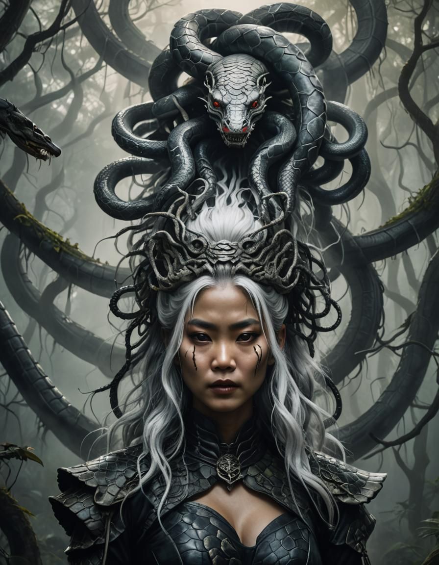 Dark Fantasy Woman with Snakes in Misty Forest