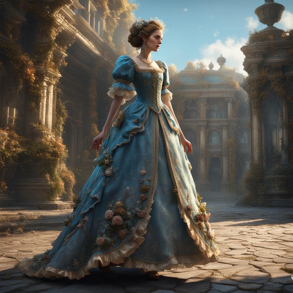 Rococo Girl Walking: Detailed Fantasy Art in 8K