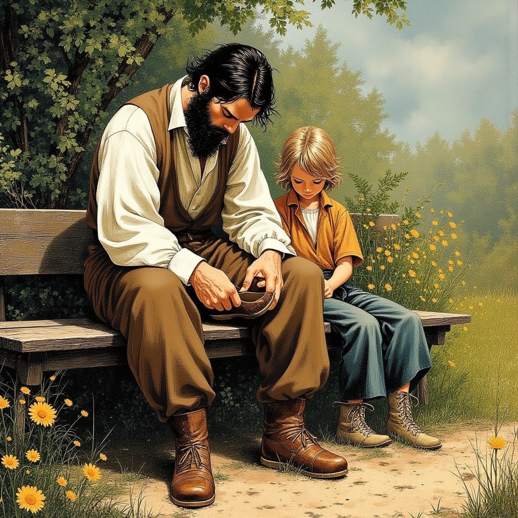 Father and Son Bond in Whimsical Asian-Inspired Scene