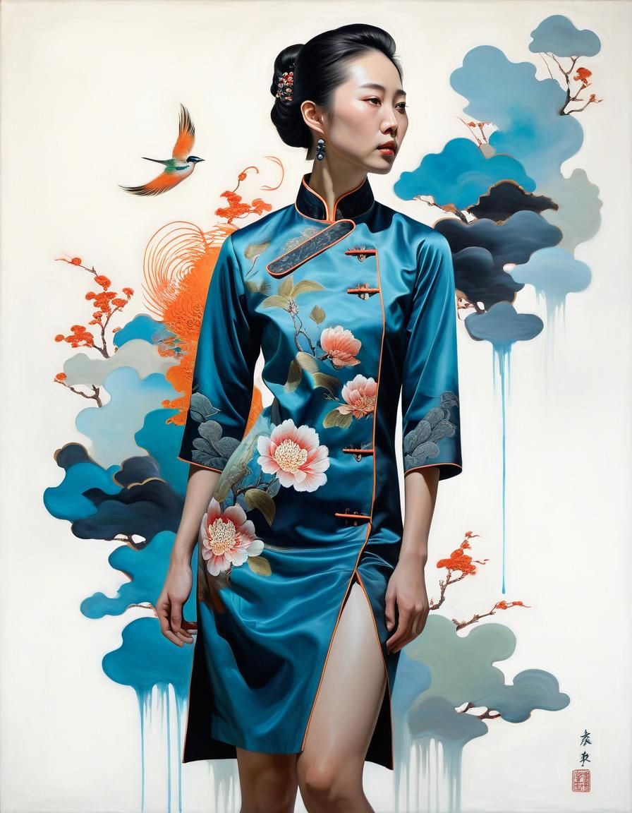 Chinese Woman in Qipao: Hyperrealistic Oil Painting