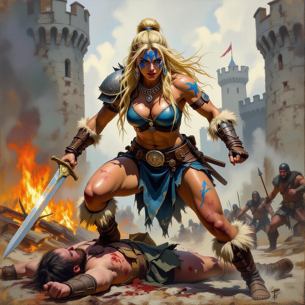 Triumphant Blonde Barbarian in Burning Castle