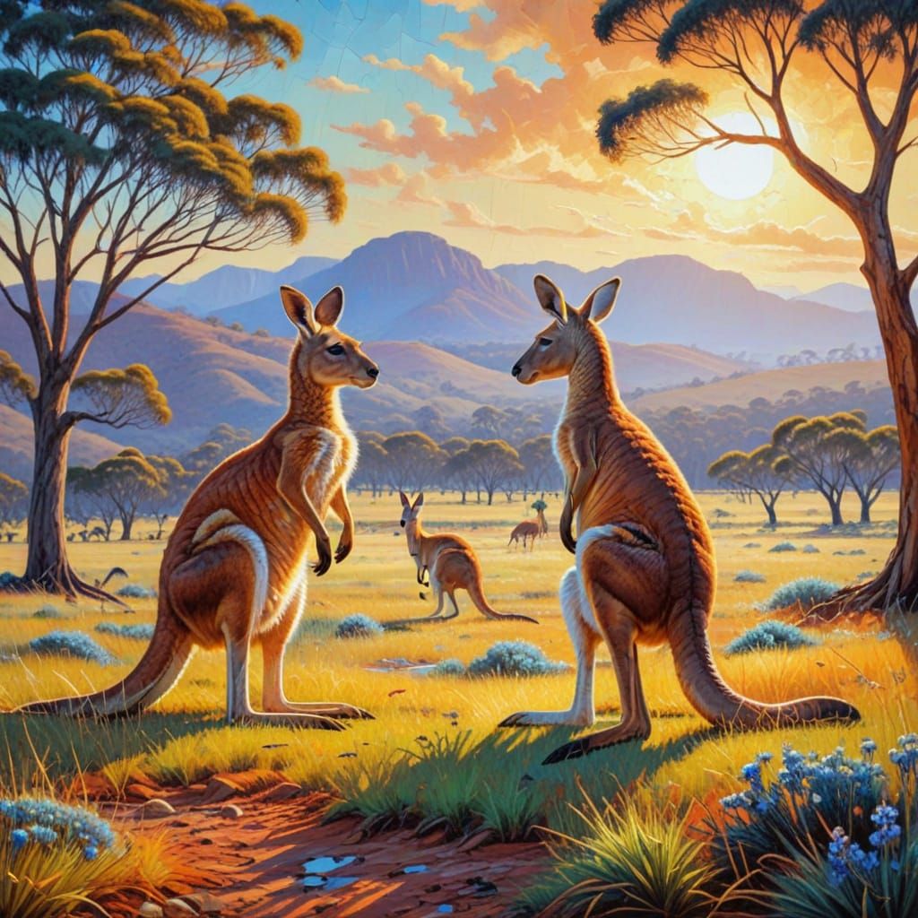 Kangaroos in Australian Grassland, Puzzle Graphic Style