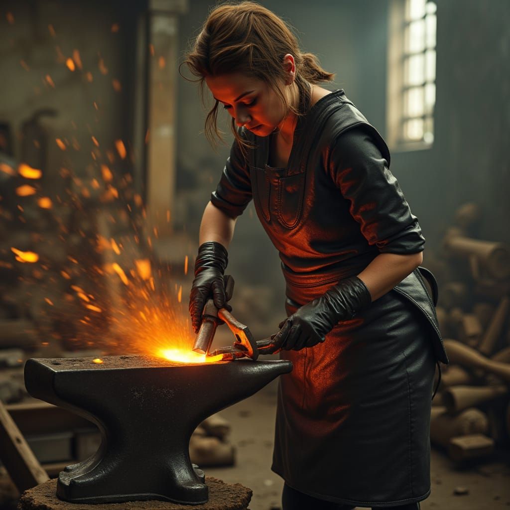 Blacksmith Woman Forging Metal in Industrial Landscape