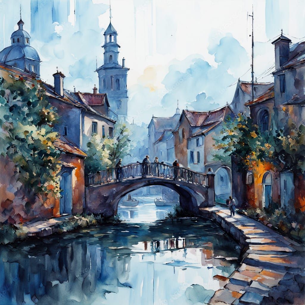 Intricate Canal Town as Splash Art Gouache Painting