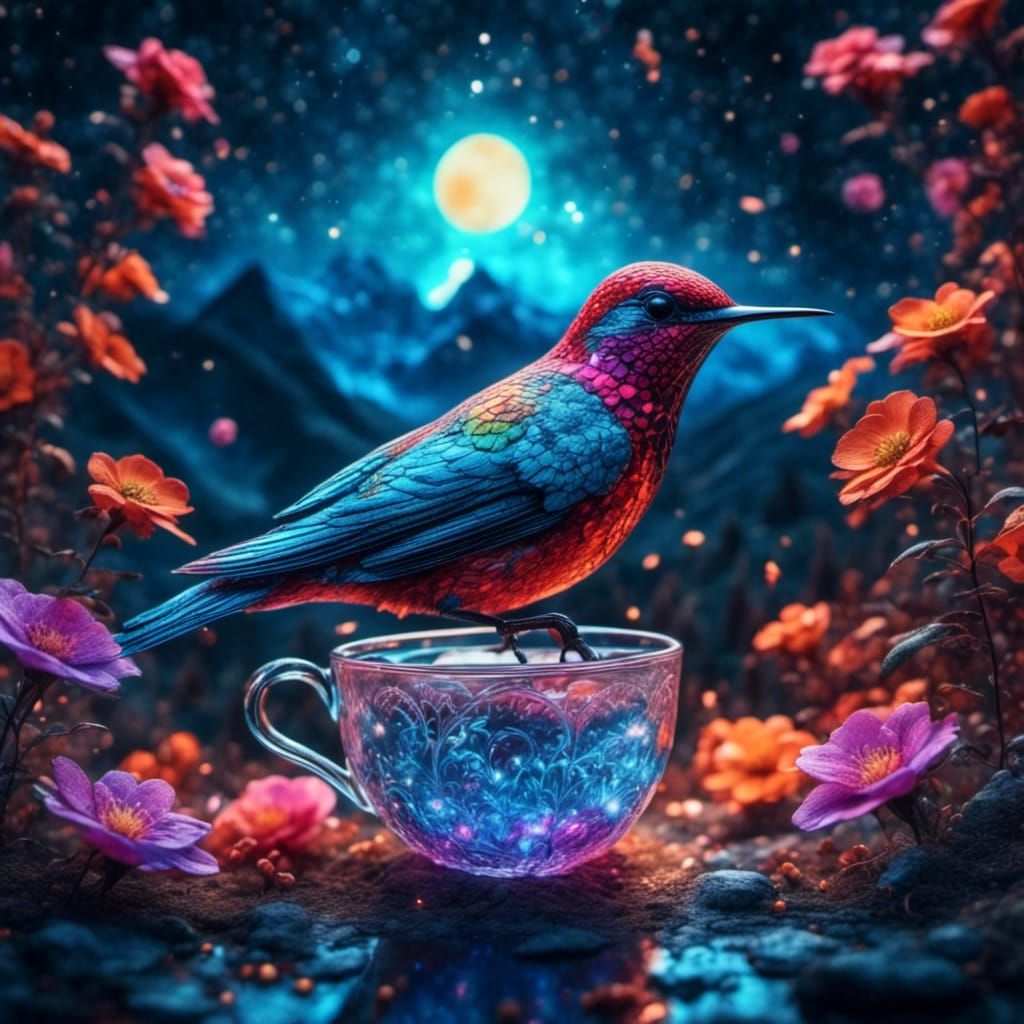 Holographic Hummingbird in Astral Cosmic Illustration