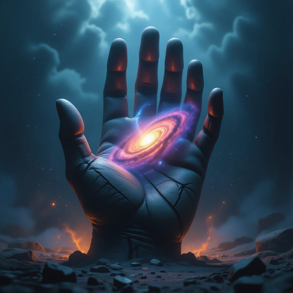 Cosmic Hand Cradling Swirling Universe