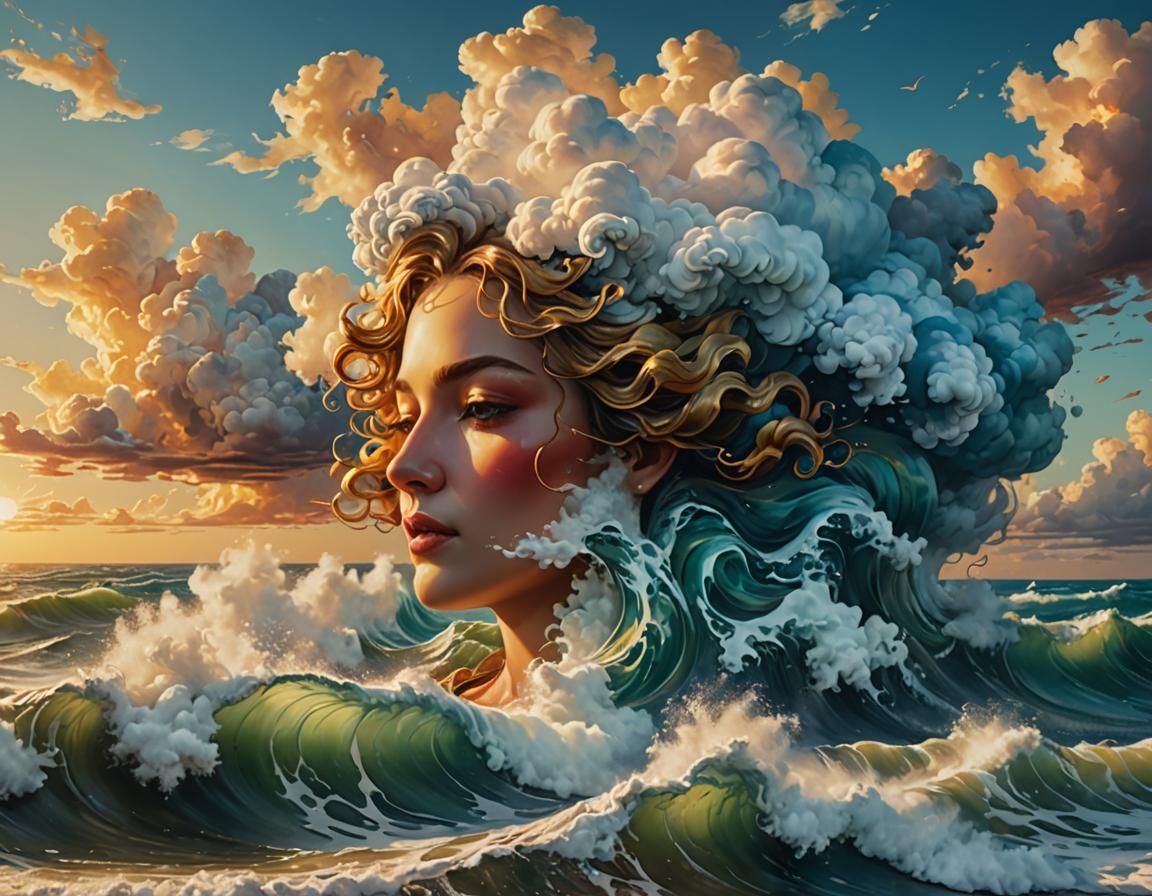 Female Face Cloud Creates Waves, Baroque Oil Painting