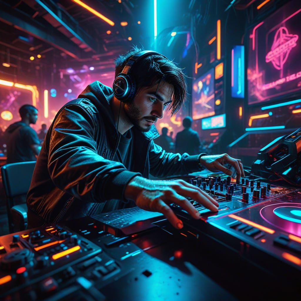 DJ in Futuristic Nightclub Atmosphere