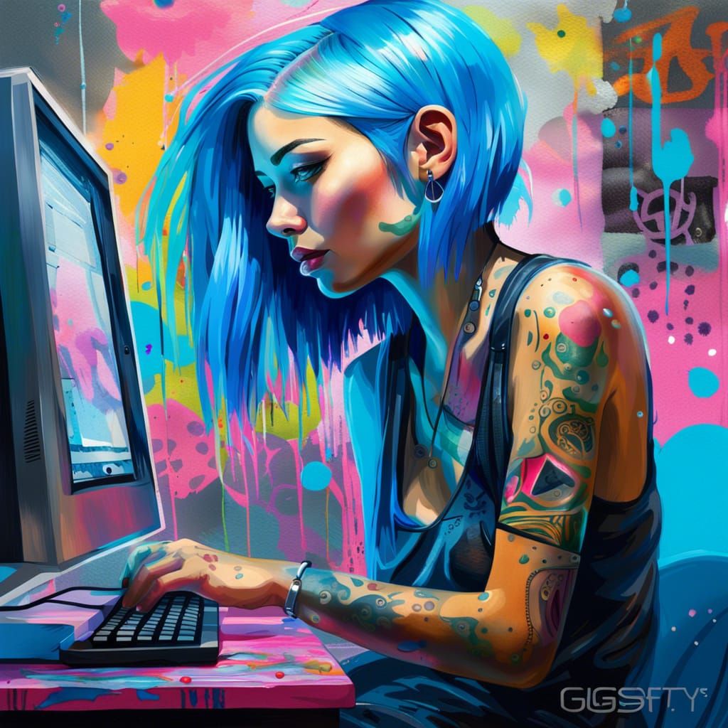 Beautiful Woman Working at Computer in Graffiti Art Style