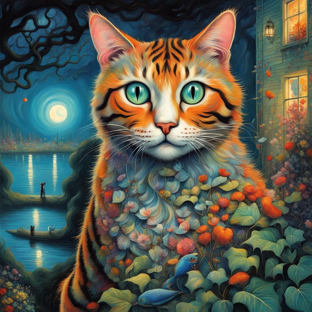 Moonlit Cat in Surreal Ornamental Style