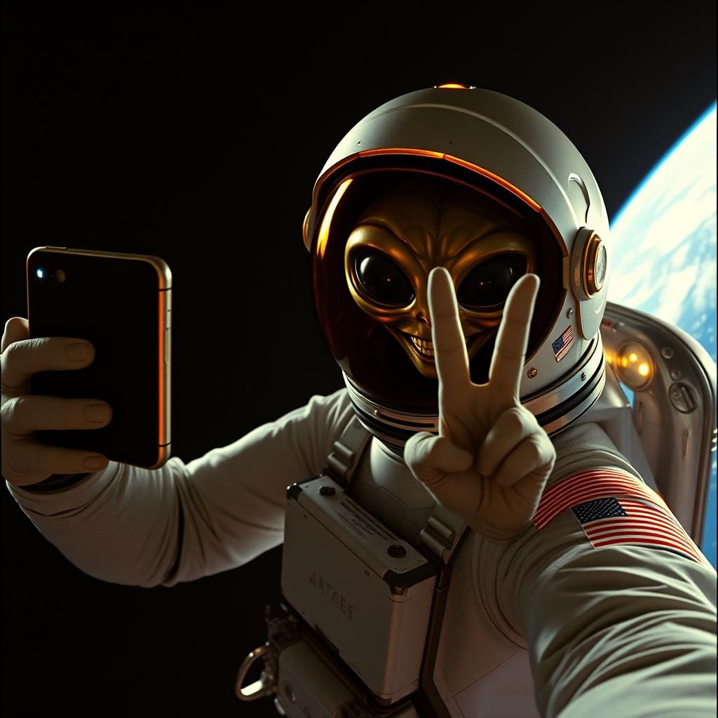 Astronaut Selfie with Alien Spaceship in Deep Space