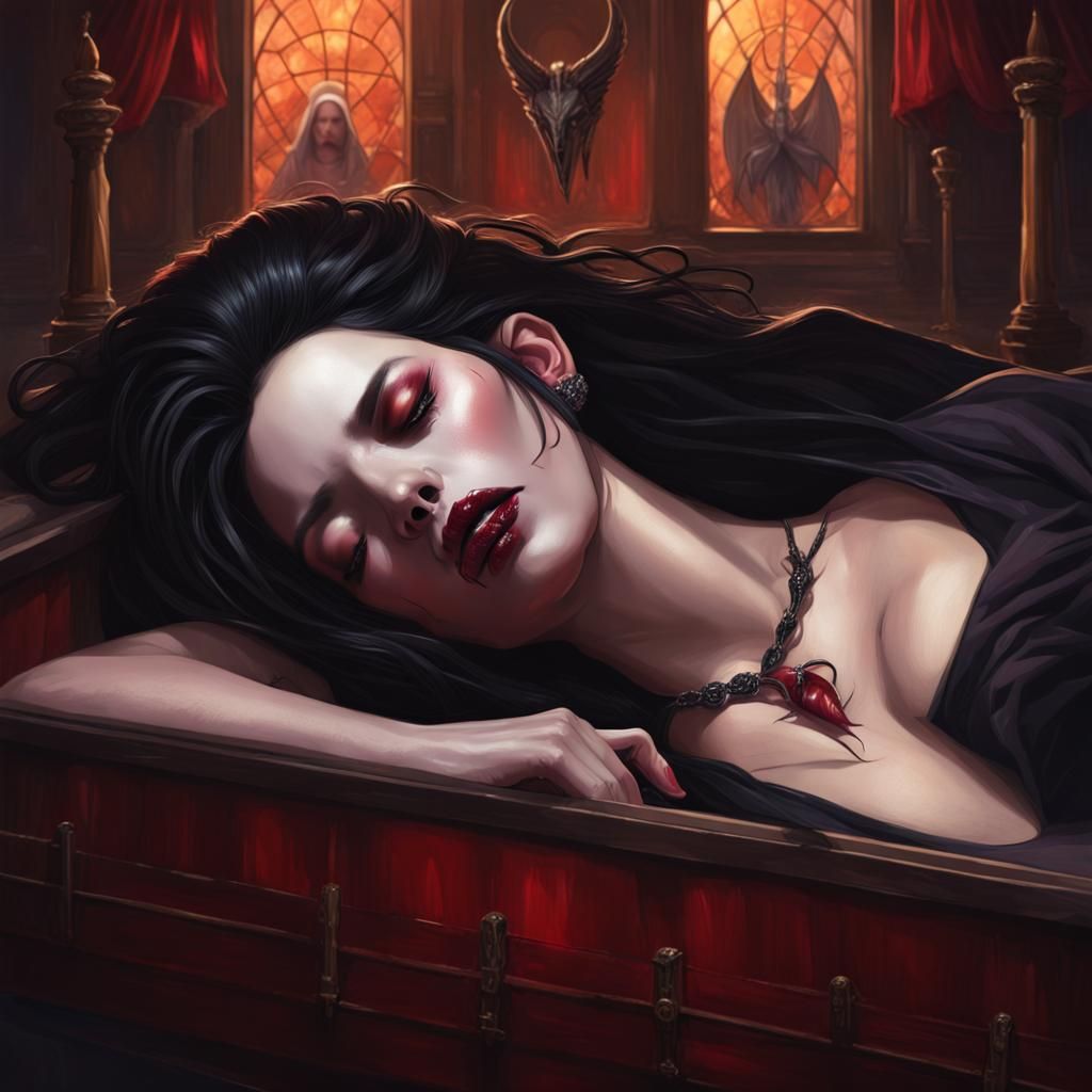sleeping in her coffin, Female Vampire, eyes closed, black h...