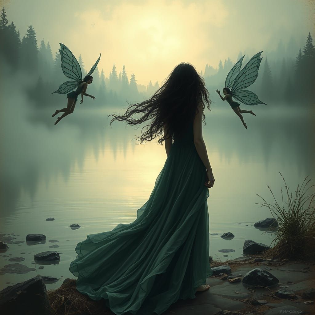 Fairies Lure Woman to Misty Lake, Dark Fantasy Art