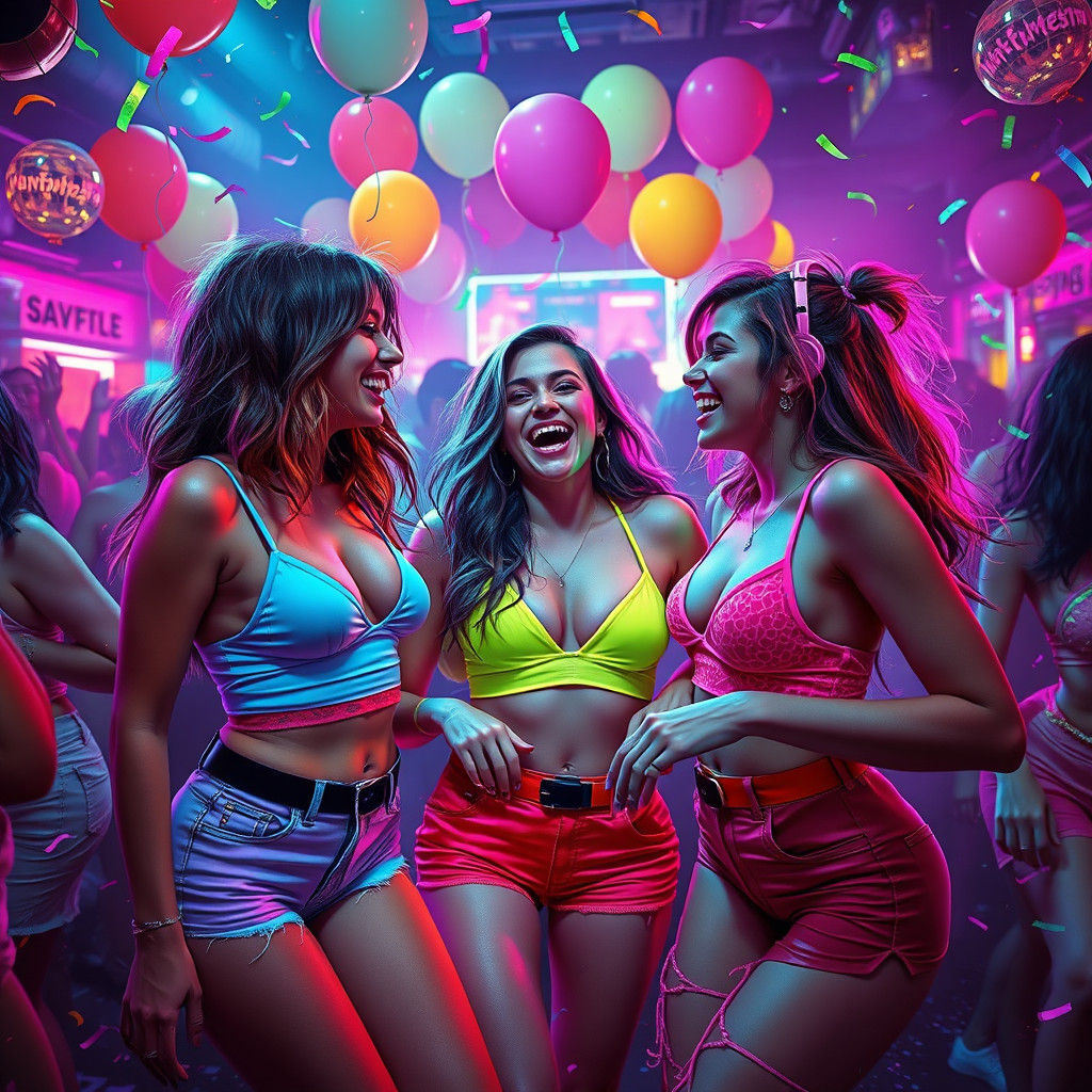 Women Dancing in Neon Nightclub as Digital Art
