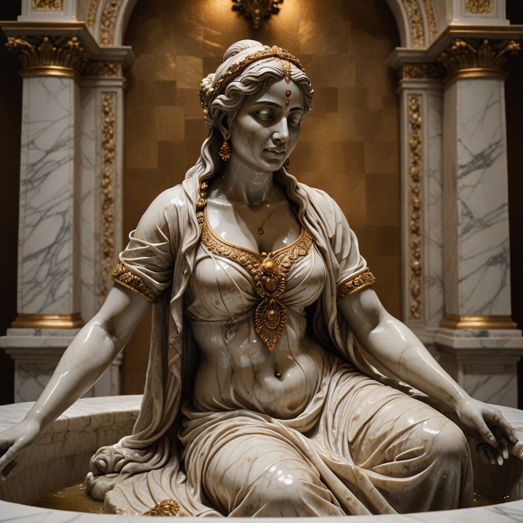 Indian Woman Bathing: Baroque Marble Sculpture