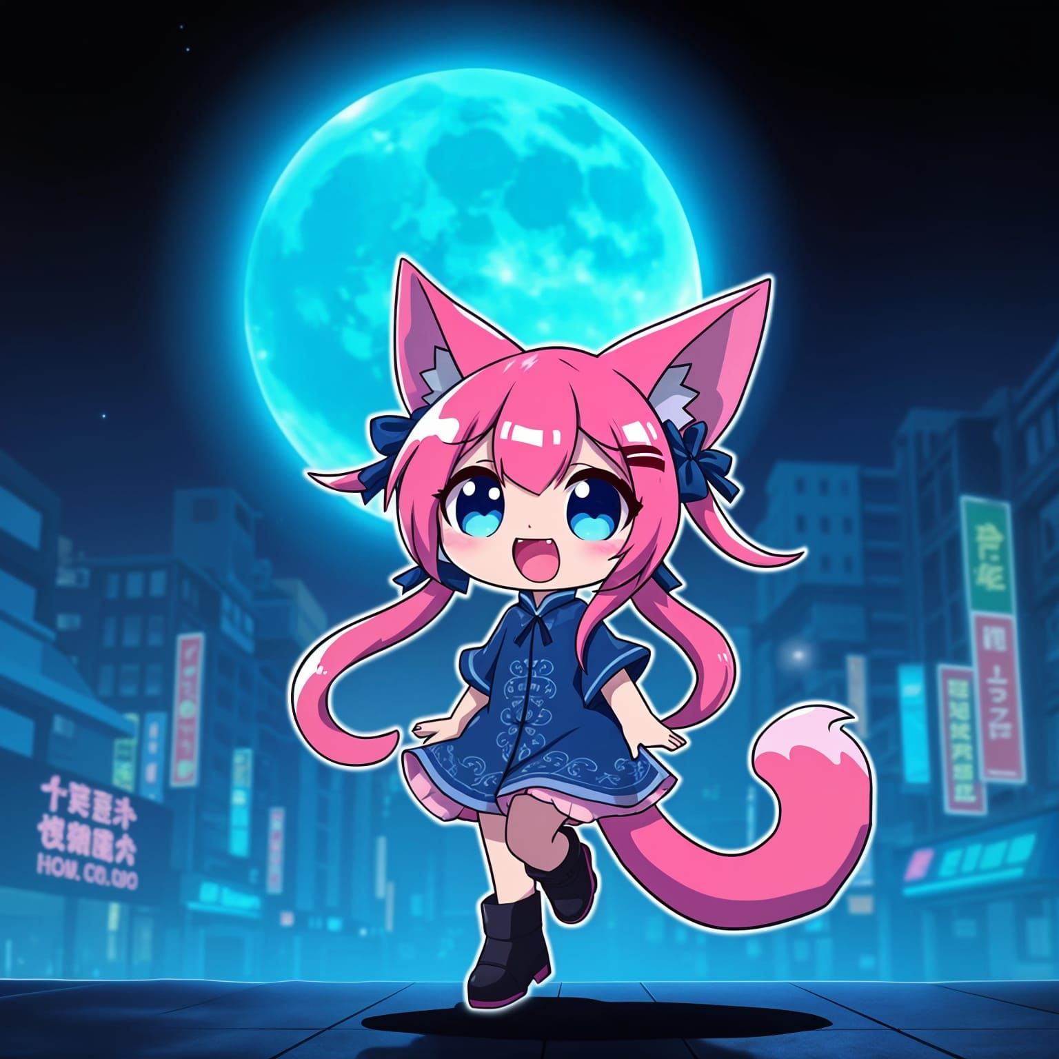 Glowing Neon Anime Catgirl in Dark Cyberpunk City