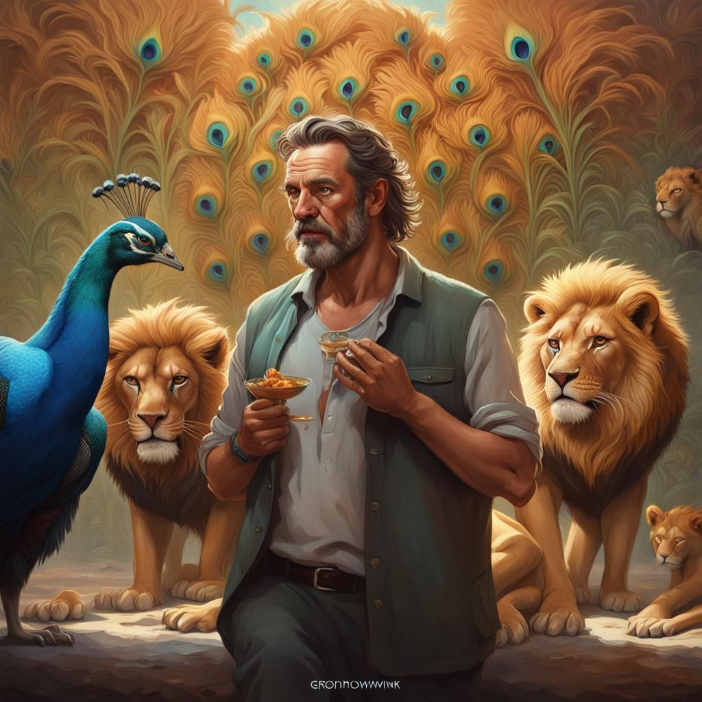 Australian Man Feeding Lions: Hyperrealistic Digital Art