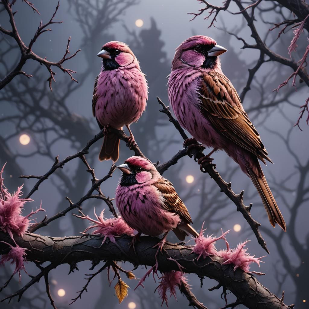 Pink Sparrows in Dark Fantasy Art Nouveau Style