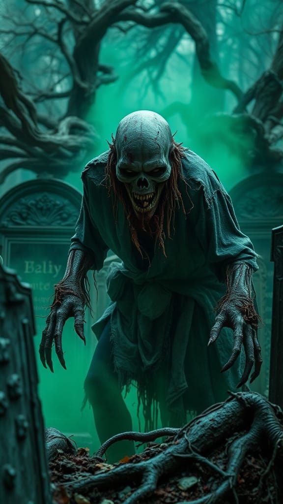 Grotesque Undead Creature Emerges from Dark Gothic Graveyard