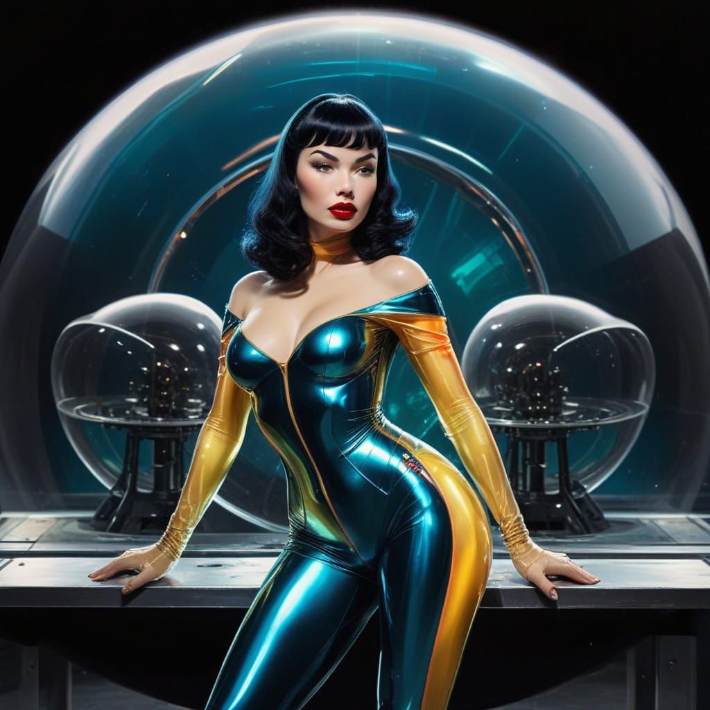 Glamourous Starship Engineer in Retrofuturist Latex Catsuit