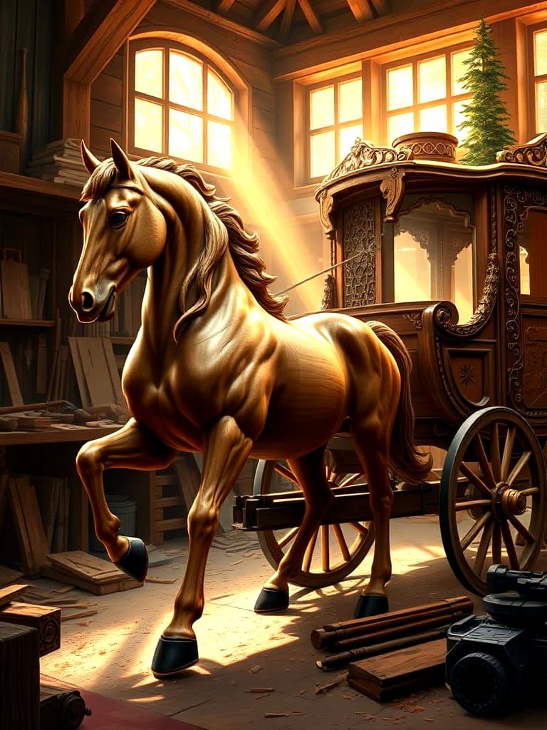 Detailed Carved Wooden Horse and Carriage Sculpture