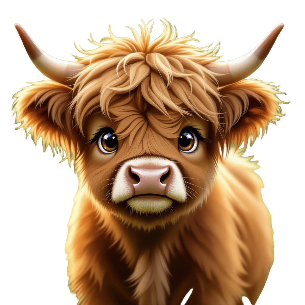 Fluffy Highland Cow with Cartoon Doll Eyes