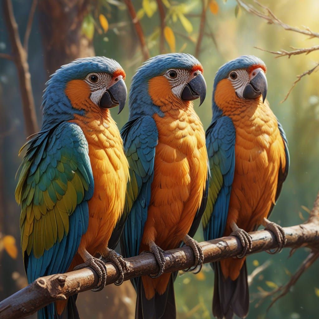 Vibrant Birds Perched Together in Warm Oil Painting