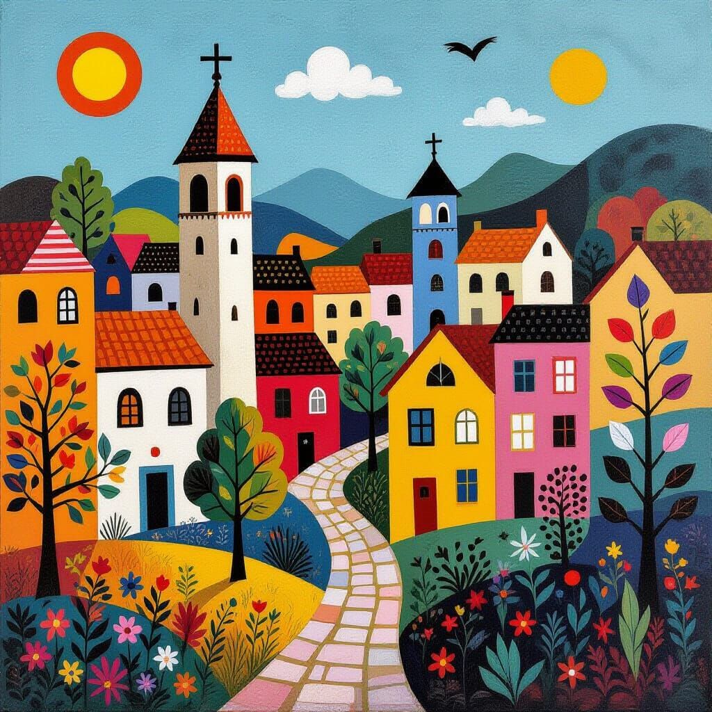 Naive Folk Art Scene with Geometric Patterns