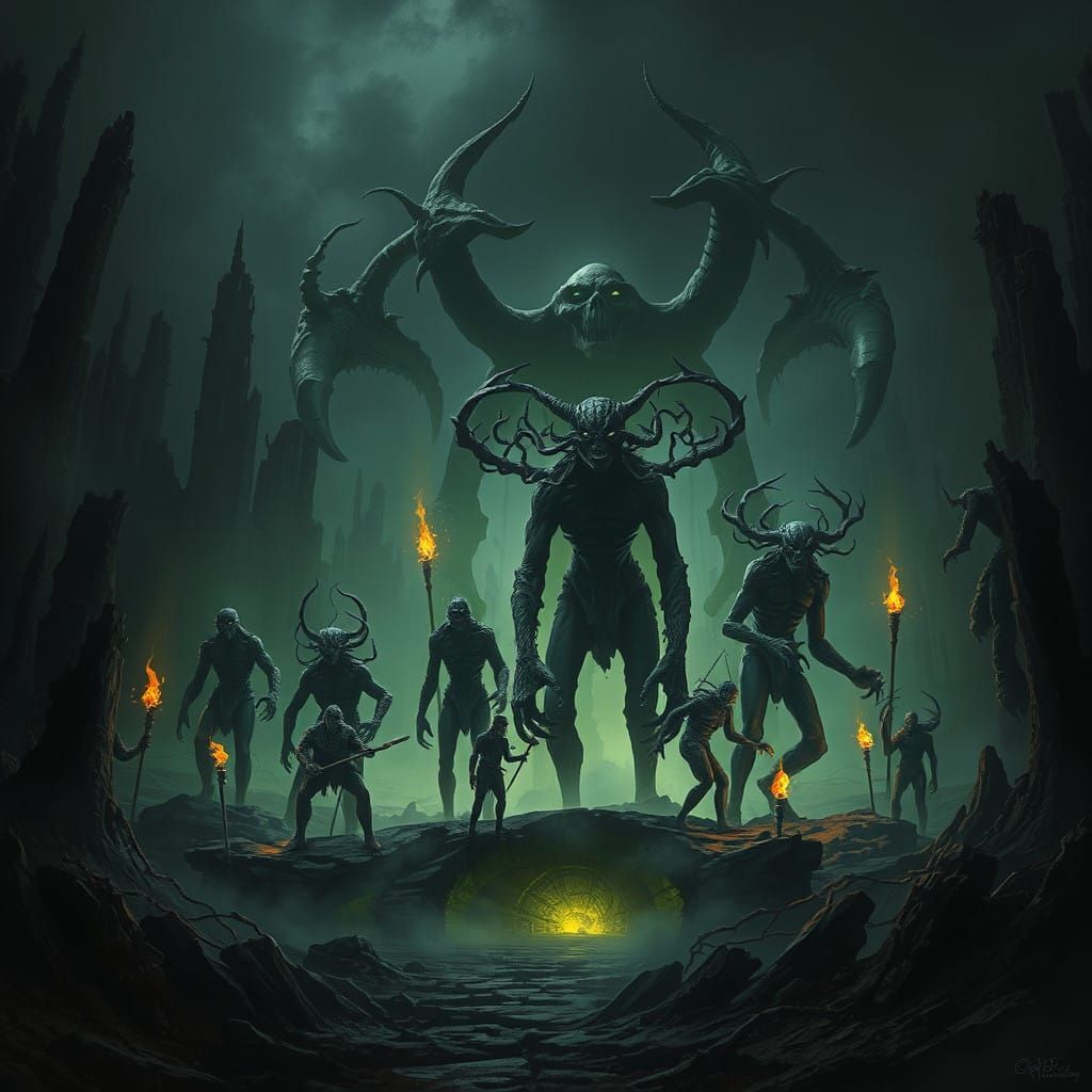Cthulhu and Lovecraftian Beasts in Dark Gothic Art Style