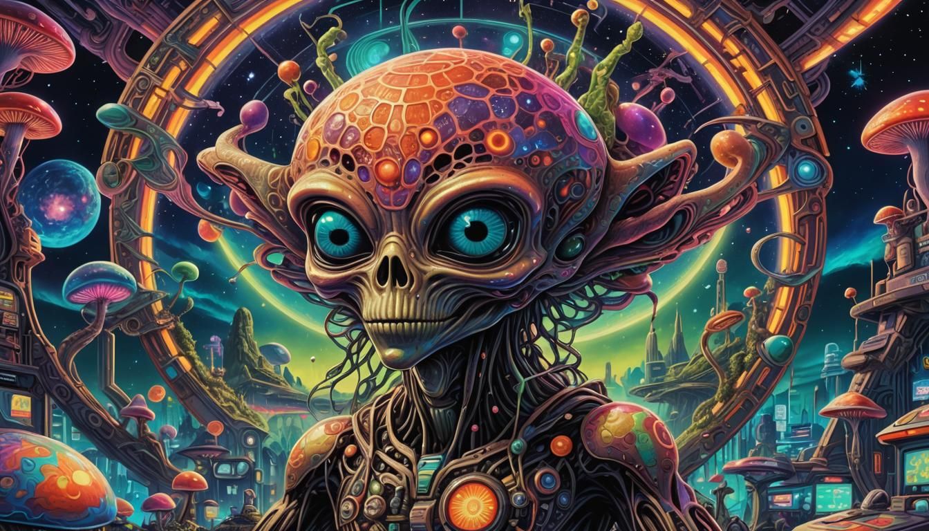 Happy Alien Trip on Mushroom Planet in Neon