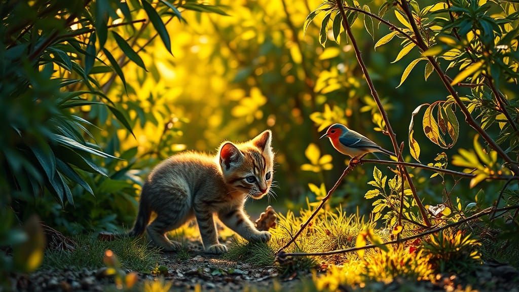 Tense African Wild Cat Kitten Stalks Bird in Sunlit Savannah