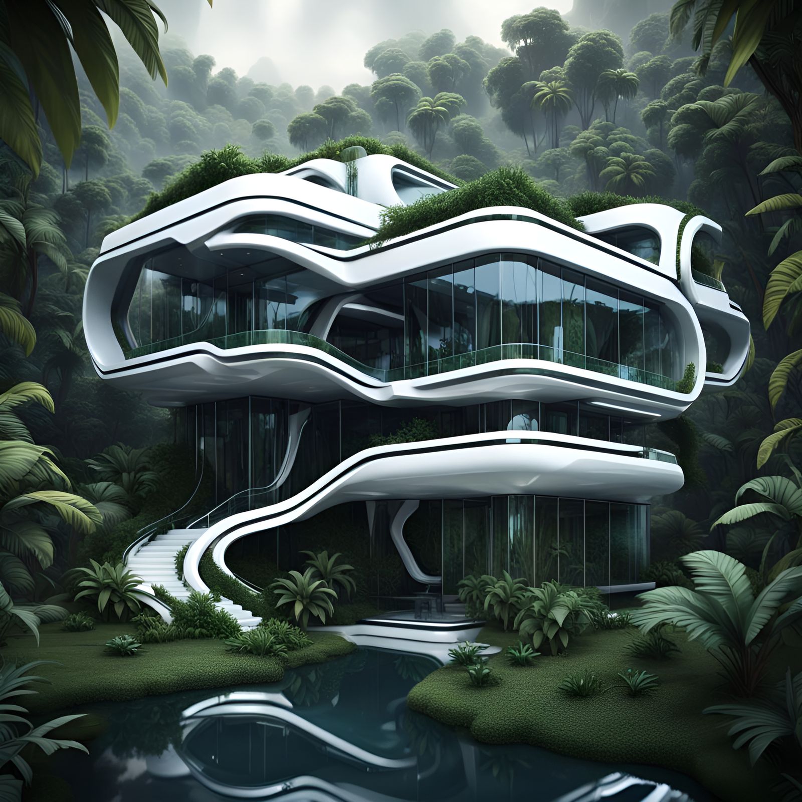 Futuristic House in Jungle Night with River