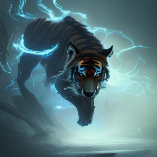 Tiger Wolf with Lightning Wings, Dark Fantasy Art