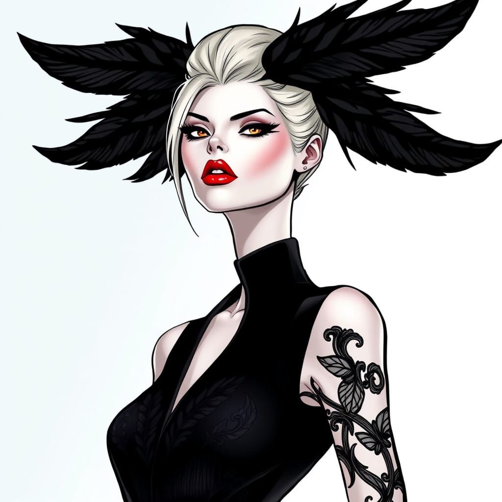 Superheroine in Black Feather Dress with White Makeup and Re...