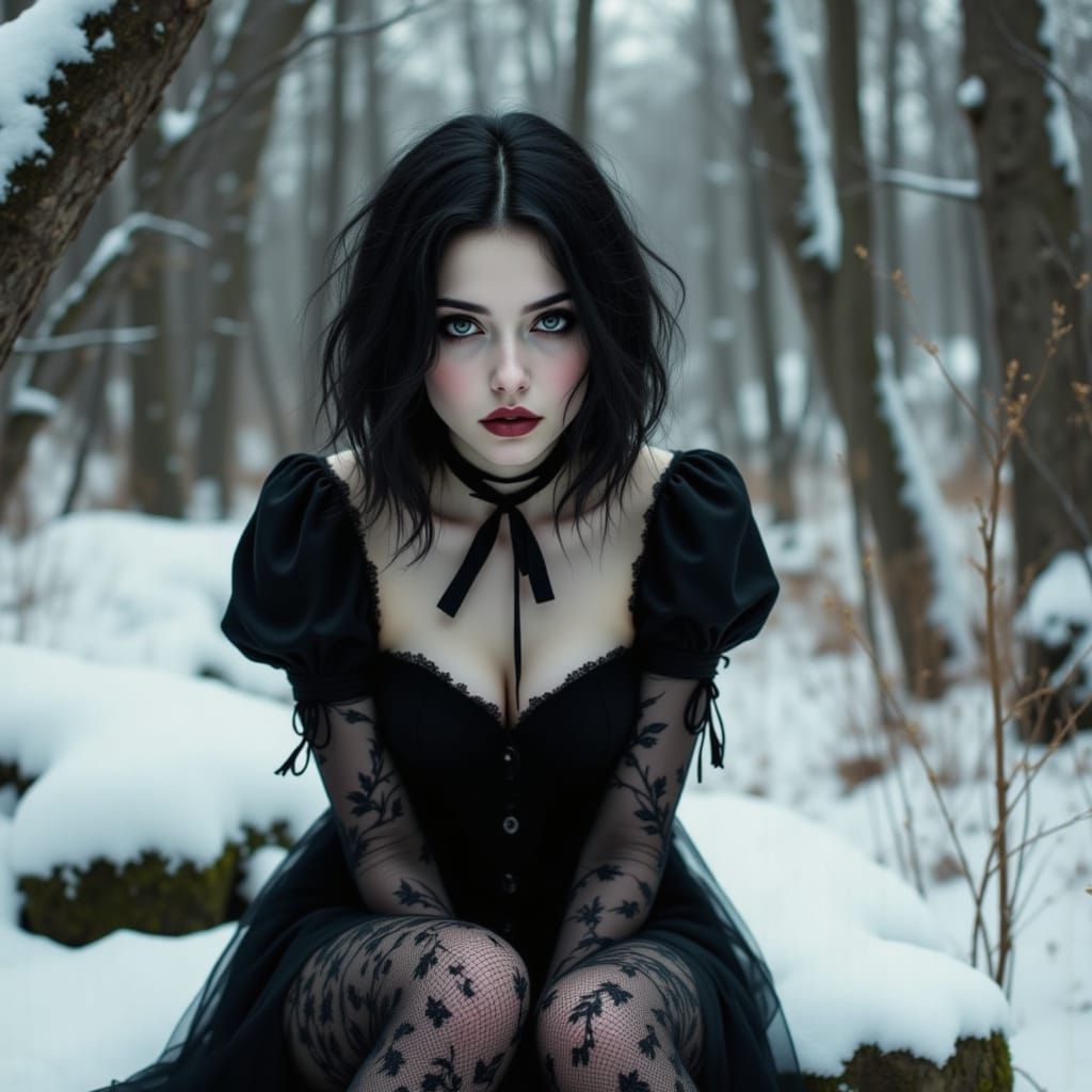 Goth Snow White in Snowy Forest, High Fashion Pin-Up