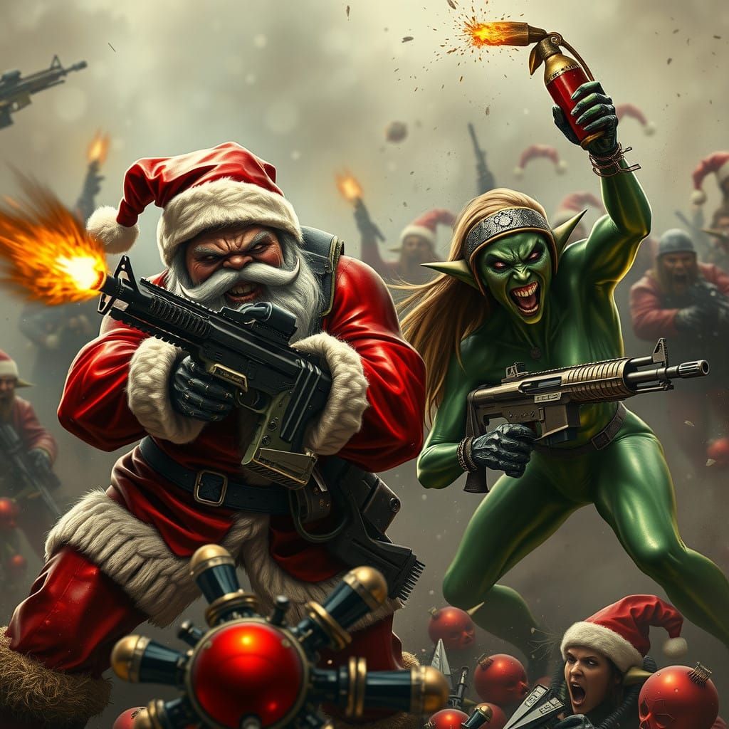 Grimacing Santas Waging War in Biomechanical Christmas Chaos