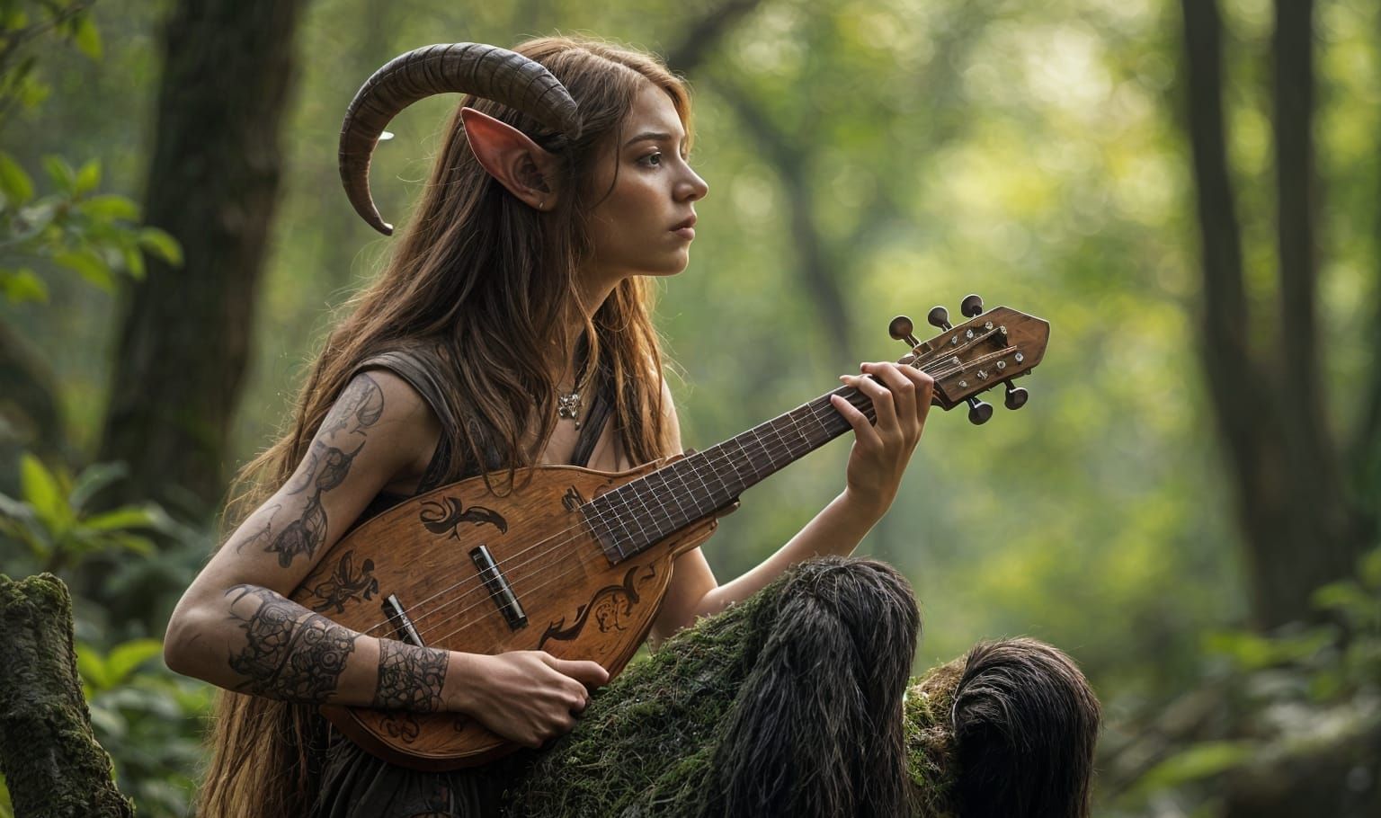 Young Faun Plays Lute in Ancient Forest