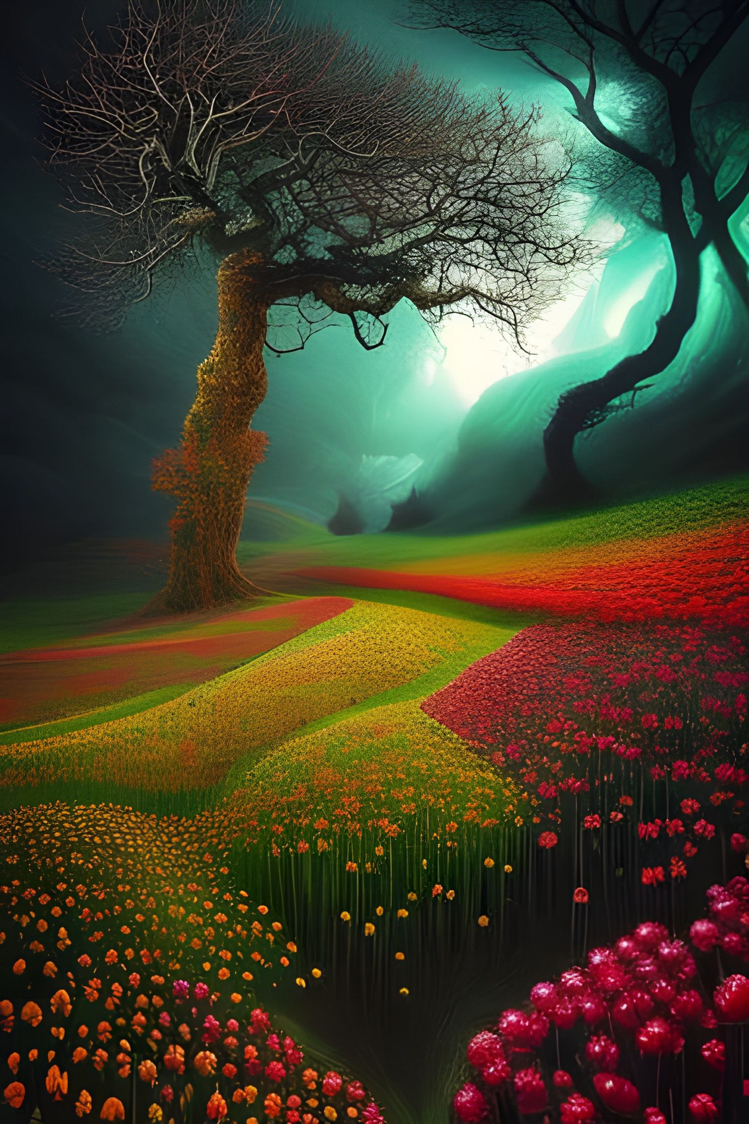 Psychedelic Tulips Entwined on Dying Sycamore Tree