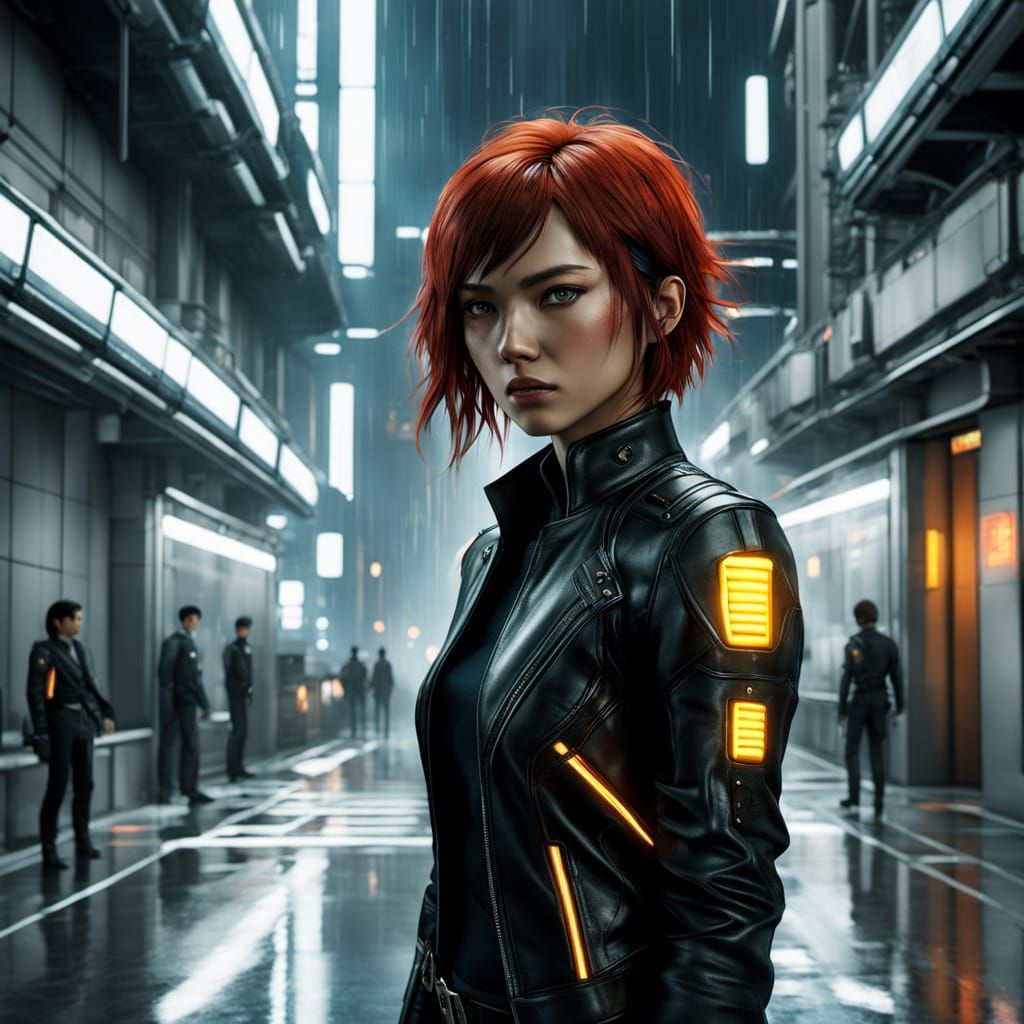 Anime Woman in Cyberpunk Cityscape