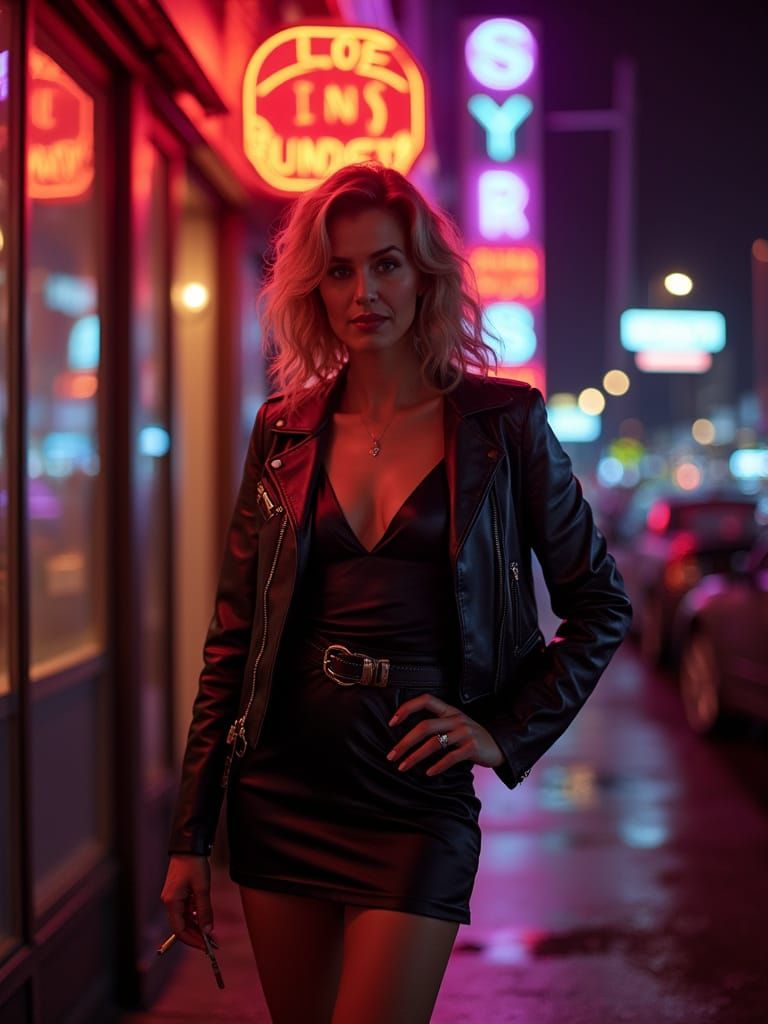 Seductive Woman Smirks Under Neon Bar Lights