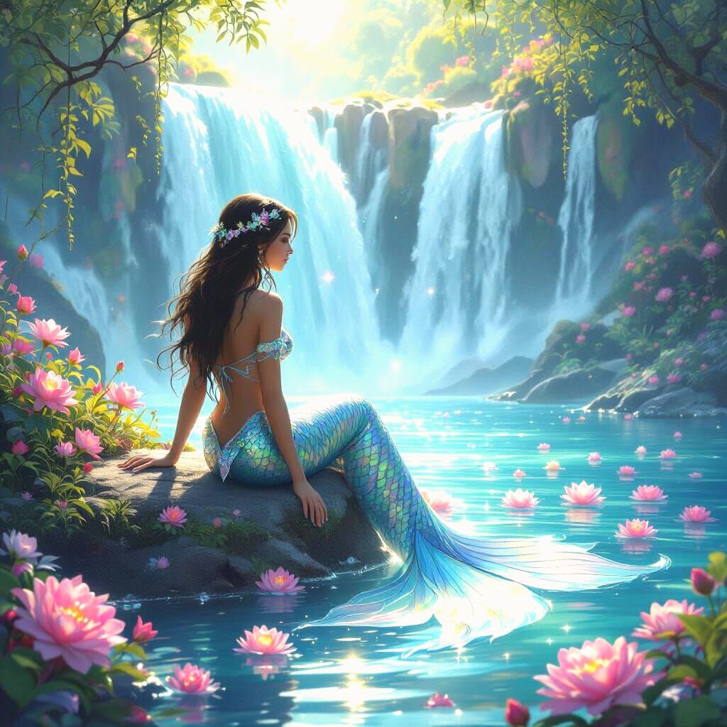 Mermaid by Waterfall in Starry Night, Oil Impasto